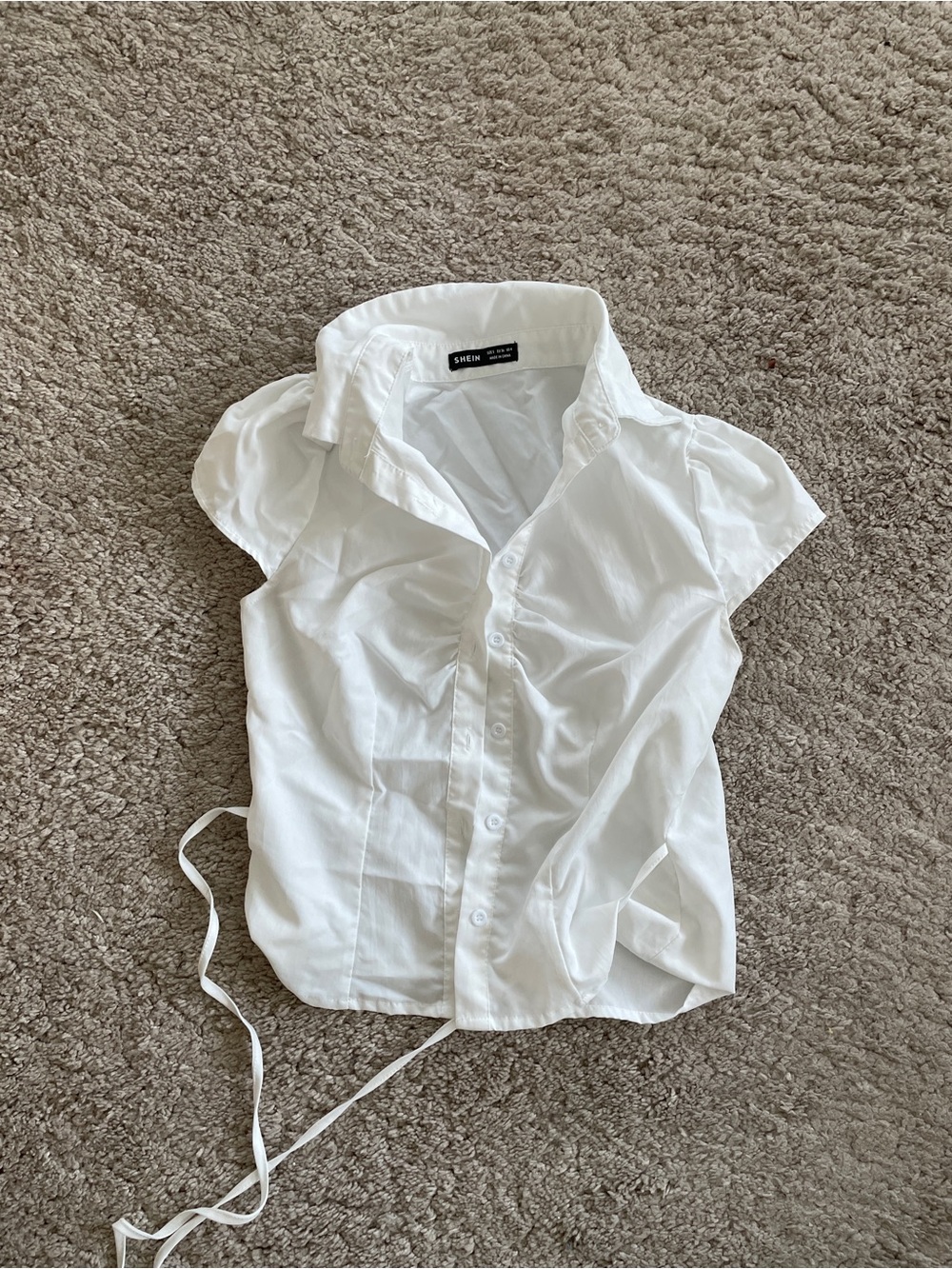 White Short Sleeve Ruffle Button-Down Shirt
